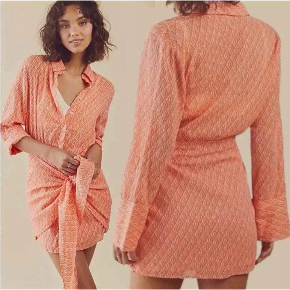 FP FREE PEOPLE Pink Prange Rillo Shirt Dress $138 Mini Wrap Button Coverup S - Picture 7 of 15